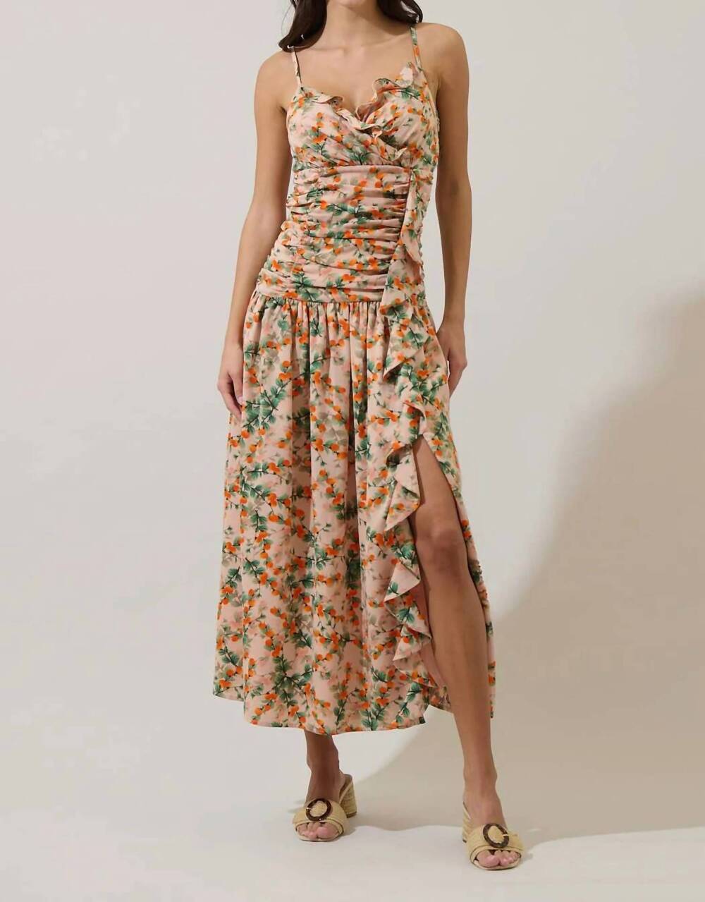 NEW SUGARLIPS heida floral bristol ruched midi dress in orange